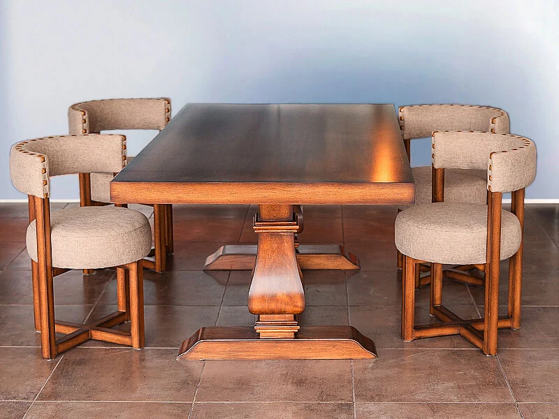 Juego de sillas y mesa moderono y elegante. mesa rectangular sillas redondas tapizadas patas madera